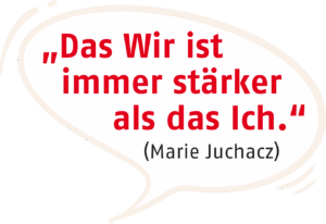 Zitat von Marie Juchacz in einer Sprechblase Das Wir ist immer stärker